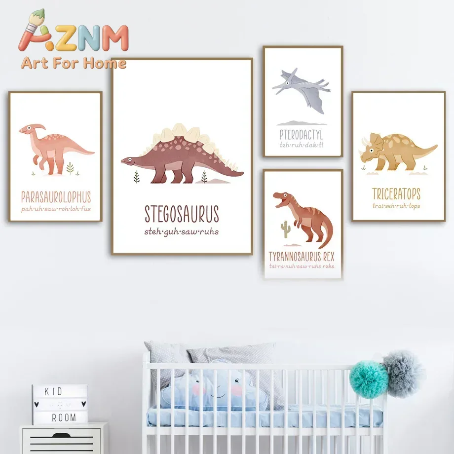 Kids Education Name - AZNM, cuadro decorativo de dinosaurios adorables